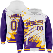 Load image into Gallery viewer, Custom White Purple-Gold Splash Art 3D Pattern Design Bomber Full-Snap Varsity Letterman Hoodie Jacket