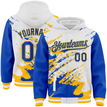 Load image into Gallery viewer, Custom White Thunder Blue-Gold Splash Art 3D Pattern Design Bomber Full-Snap Varsity Letterman Hoodie Jacket