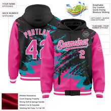 Load image into Gallery viewer, Custom Black Pink Teal-White Splash Art 3D Pattern Design Bomber Full-Snap Varsity Letterman Hoodie Jacket