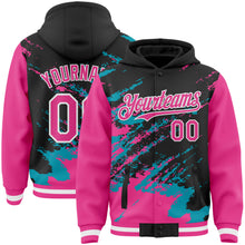 Load image into Gallery viewer, Custom Black Pink Teal-White Splash Art 3D Pattern Design Bomber Full-Snap Varsity Letterman Hoodie Jacket