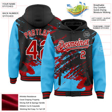 Laden Sie das Bild in den Galerie-Viewer, Custom Black Red Sky Blue-White Splash Art 3D Pattern Design Bomber Full-Snap Varsity Letterman Hoodie Jacket