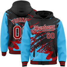 Laden Sie das Bild in den Galerie-Viewer, Custom Black Red Sky Blue-White Splash Art 3D Pattern Design Bomber Full-Snap Varsity Letterman Hoodie Jacket