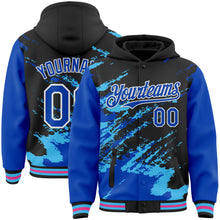 Load image into Gallery viewer, Custom Black Thunder Blue Sky Blue Pink-White Splash Art 3D Pattern Design Bomber Full-Snap Varsity Letterman Hoodie Jacket