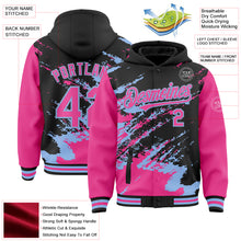 Laden Sie das Bild in den Galerie-Viewer, Custom Black Pink-Light Blue Splash Art 3D Pattern Design Bomber Full-Snap Varsity Letterman Hoodie Jacket