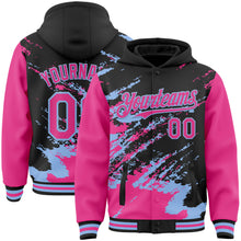 Laden Sie das Bild in den Galerie-Viewer, Custom Black Pink-Light Blue Splash Art 3D Pattern Design Bomber Full-Snap Varsity Letterman Hoodie Jacket