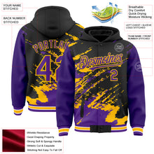 Charger l'image dans la galerie, Custom Black Purple Gold-White Splash Art 3D Pattern Design Bomber Full-Snap Varsity Letterman Hoodie Jacket