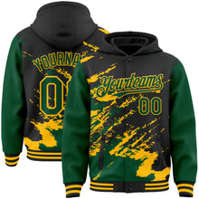 Load image into Gallery viewer, Custom Black Kelly Green-Gold Splash Art 3D Pattern Design Bomber Full-Snap Varsity Letterman Hoodie Jacket