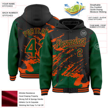 Load image into Gallery viewer, Custom Black Kelly Green-Orange Splash Art 3D Pattern Design Bomber Full-Snap Varsity Letterman Hoodie Jacket