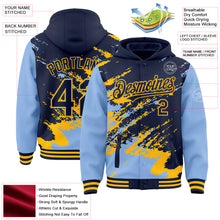 Laden Sie das Bild in den Galerie-Viewer, Custom Navy Light Blue-Gold Splash Art 3D Pattern Design Bomber Full-Snap Varsity Letterman Hoodie Jacket
