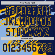 Laden Sie das Bild in den Galerie-Viewer, Custom Navy Light Blue-Gold Splash Art 3D Pattern Design Bomber Full-Snap Varsity Letterman Hoodie Jacket