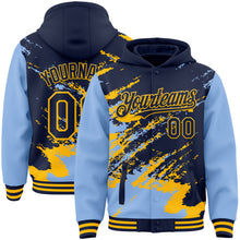 Laden Sie das Bild in den Galerie-Viewer, Custom Navy Light Blue-Gold Splash Art 3D Pattern Design Bomber Full-Snap Varsity Letterman Hoodie Jacket
