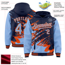 Load image into Gallery viewer, Custom Navy Light Blue-Orange Splash Art 3D Pattern Design Bomber Full-Snap Varsity Letterman Hoodie Jacket
