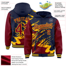 Load image into Gallery viewer, Custom Navy Crimson-Gold Splash Art 3D Pattern Design Bomber Full-Snap Varsity Letterman Hoodie Jacket