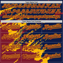 Load image into Gallery viewer, Custom Navy Crimson-Gold Splash Art 3D Pattern Design Bomber Full-Snap Varsity Letterman Hoodie Jacket