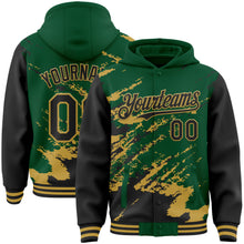 Загрузить изображение в средство просмотра галереи, Custom Kelly Green Black-Old Gold Splash Art 3D Pattern Design Bomber Full-Snap Varsity Letterman Hoodie Jacket