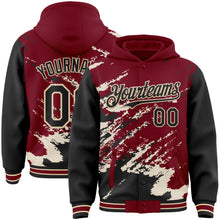 Загрузить изображение в средство просмотра галереи, Custom Crimson Black-Cream Splash Art 3D Pattern Design Bomber Full-Snap Varsity Letterman Hoodie Jacket