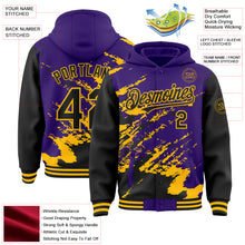Загрузить изображение в средство просмотра галереи, Custom Purple Black-Gold Splash Art 3D Pattern Design Bomber Full-Snap Varsity Letterman Hoodie Jacket