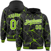 Load image into Gallery viewer, Custom Black Neon Green-White Abstract Network 3D Pattern Design Bomber Full-Snap Varsity Letterman Hoodie Jacket