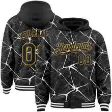 Laden Sie das Bild in den Galerie-Viewer, Custom Black White-Old Gold Abstract Network 3D Pattern Design Bomber Full-Snap Varsity Letterman Hoodie Jacket