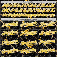 Загрузить изображение в средство просмотра галереи, Custom Black Gold-White Abstract Network 3D Pattern Design Bomber Full-Snap Varsity Letterman Hoodie Jacket