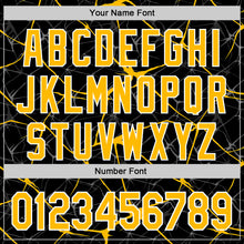 Загрузить изображение в средство просмотра галереи, Custom Black Gold-White Abstract Network 3D Pattern Design Bomber Full-Snap Varsity Letterman Hoodie Jacket