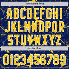 Charger l'image dans la galerie, Custom Royal Yellow-White Abstract Network 3D Pattern Design Bomber Full-Snap Varsity Letterman Hoodie Jacket