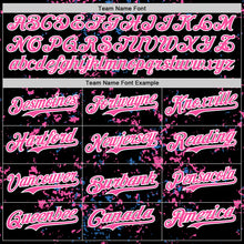 Load image into Gallery viewer, Custom Black Pink Sky Blue-White Fragment 3D Pattern Design Bomber Full-Snap Varsity Letterman Hoodie Jacket