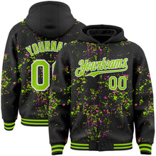 Load image into Gallery viewer, Custom Black Neon Green Pink-White Fragment 3D Pattern Design Bomber Full-Snap Varsity Letterman Hoodie Jacket