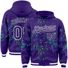 Load image into Gallery viewer, Custom Purple Teal Neon Green-White Fragment 3D Pattern Design Bomber Full-Snap Varsity Letterman Hoodie Jacket