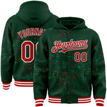 Laden Sie das Bild in den Galerie-Viewer, Custom Green Red Kelly Green-White Fragment 3D Pattern Design Bomber Full-Snap Varsity Letterman Hoodie Jacket
