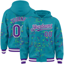 Загрузить изображение в средство просмотра галереи, Custom Teal Purple Neon Green-White Fragment 3D Pattern Design Bomber Full-Snap Varsity Letterman Hoodie Jacket