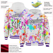 Загрузить изображение в средство просмотра галереи, Custom Graffiti Pattern White Purple-Black Splash Bomber Full-Snap Varsity Letterman Hoodie Jacket