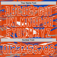 Загрузить изображение в средство просмотра галереи, Custom Figure Orange Thunder Blue-White Fluid Bomber Full-Snap Varsity Letterman Hoodie Jacket