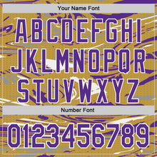 Загрузить изображение в средство просмотра галереи, Custom Figure Purple Old Gold-White Fluid Bomber Full-Snap Varsity Letterman Hoodie Jacket