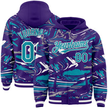 Загрузить изображение в средство просмотра галереи, Custom Figure Teal Purple-White Fluid Bomber Full-Snap Varsity Letterman Hoodie Jacket