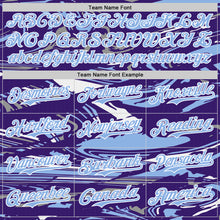 Загрузить изображение в средство просмотра галереи, Custom Figure Light Blue Purple-White Fluid Bomber Full-Snap Varsity Letterman Hoodie Jacket