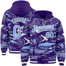 Загрузить изображение в средство просмотра галереи, Custom Figure Light Blue Purple-White Fluid Bomber Full-Snap Varsity Letterman Hoodie Jacket