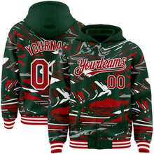 Загрузить изображение в средство просмотра галереи, Custom Figure Red Green-White Fluid Bomber Full-Snap Varsity Letterman Hoodie Jacket