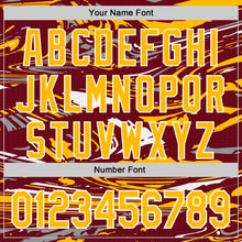 Загрузить изображение в средство просмотра галереи, Custom Figure Gold Crimson-White Fluid Bomber Full-Snap Varsity Letterman Hoodie Jacket