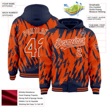 Laden Sie das Bild in den Galerie-Viewer, Custom Navy Orange-White Abstract Sharp Shape Fragment 3D Pattern Design Bomber Full-Snap Varsity Letterman Hoodie Jacket
