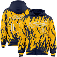 Charger l'image dans la galerie, Custom Navy Gold-White Abstract Sharp Shape Fragment 3D Pattern Design Bomber Full-Snap Varsity Letterman Hoodie Jacket