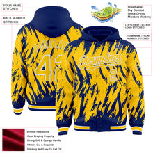 Load image into Gallery viewer, Custom Royal Yellow-White Abstract Sharp Shape Fragment 3D Pattern Design Bomber Full-Snap Varsity Letterman Hoodie Jacket