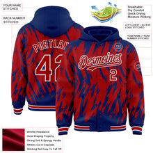Laden Sie das Bild in den Galerie-Viewer, Custom Royal Red-White Abstract Sharp Shape Fragment 3D Pattern Design Bomber Full-Snap Varsity Letterman Hoodie Jacket