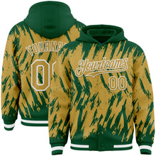 Charger l'image dans la galerie, Custom Kelly Green Old Gold-White Abstract Sharp Shape Fragment 3D Pattern Design Bomber Full-Snap Varsity Letterman Hoodie Jacket