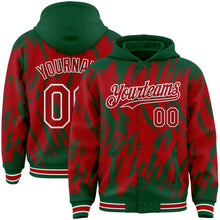 Charger l'image dans la galerie, Custom Kelly Green Red-White Abstract Sharp Shape Fragment 3D Pattern Design Bomber Full-Snap Varsity Letterman Hoodie Jacket