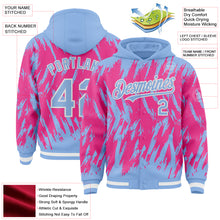Загрузить изображение в средство просмотра галереи, Custom Light Blue Pink-White Abstract Sharp Shape Fragment 3D Pattern Design Bomber Full-Snap Varsity Letterman Hoodie Jacket