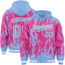 Загрузить изображение в средство просмотра галереи, Custom Light Blue Pink-White Abstract Sharp Shape Fragment 3D Pattern Design Bomber Full-Snap Varsity Letterman Hoodie Jacket