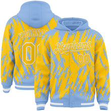 Load image into Gallery viewer, Custom Light Blue Yellow-White Abstract Sharp Shape Fragment 3D Pattern Design Bomber Full-Snap Varsity Letterman Hoodie Jacket
