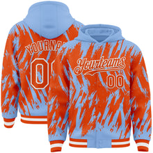 Load image into Gallery viewer, Custom Light Blue Orange-White Abstract Sharp Shape Fragment 3D Pattern Design Bomber Full-Snap Varsity Letterman Hoodie Jacket