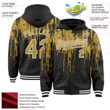Загрузить изображение в средство просмотра галереи, Custom Black Old Gold-White Dripping Splatter 3D Pattern Design Bomber Full-Snap Varsity Letterman Hoodie Jacket